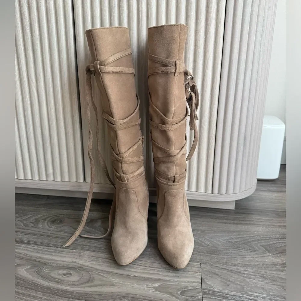 Vince Camuto Taupe Suede Over-the-Knee Lace-Up Boots